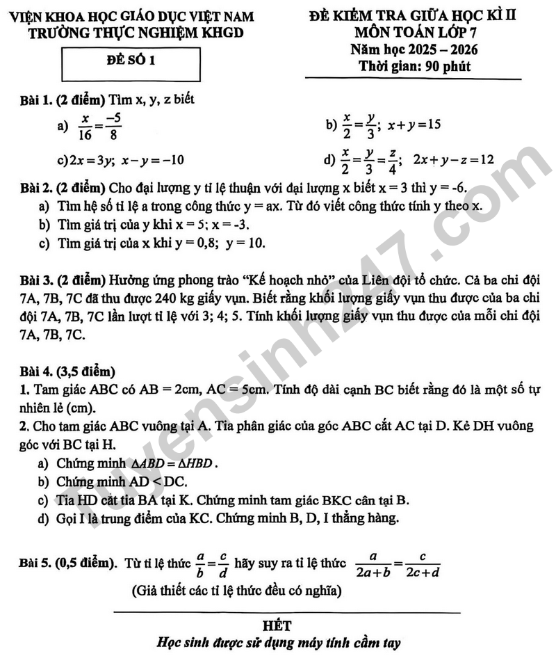 De giua hoc ki 2 Toan 7 truong Thuc Nghiem KHGD nam 2026