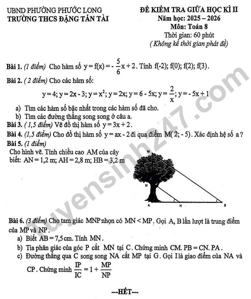 De giua hoc ki 2 Toan 8 truong THCS Dang Tan Tai nam 2026