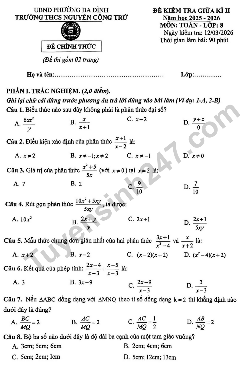 De giua ki 2 Toan 8 truong THCS Nguyen Cong Tru nam 2026