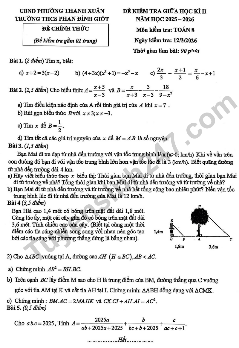 De giua hoc ki 2 Toan 8 truong THCS Phan Dinh Giot nam 2026