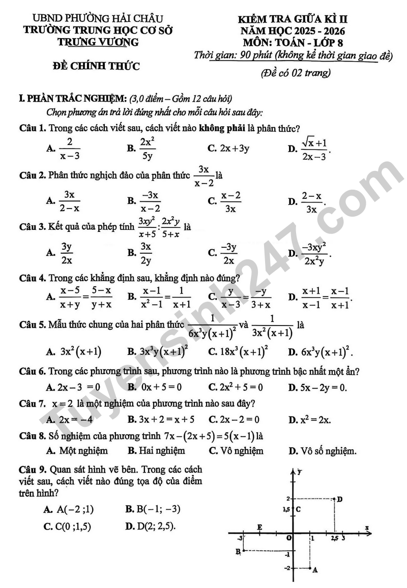 De giua ki 2 Toan 8 truong THCS Trung Vuong nam 2026