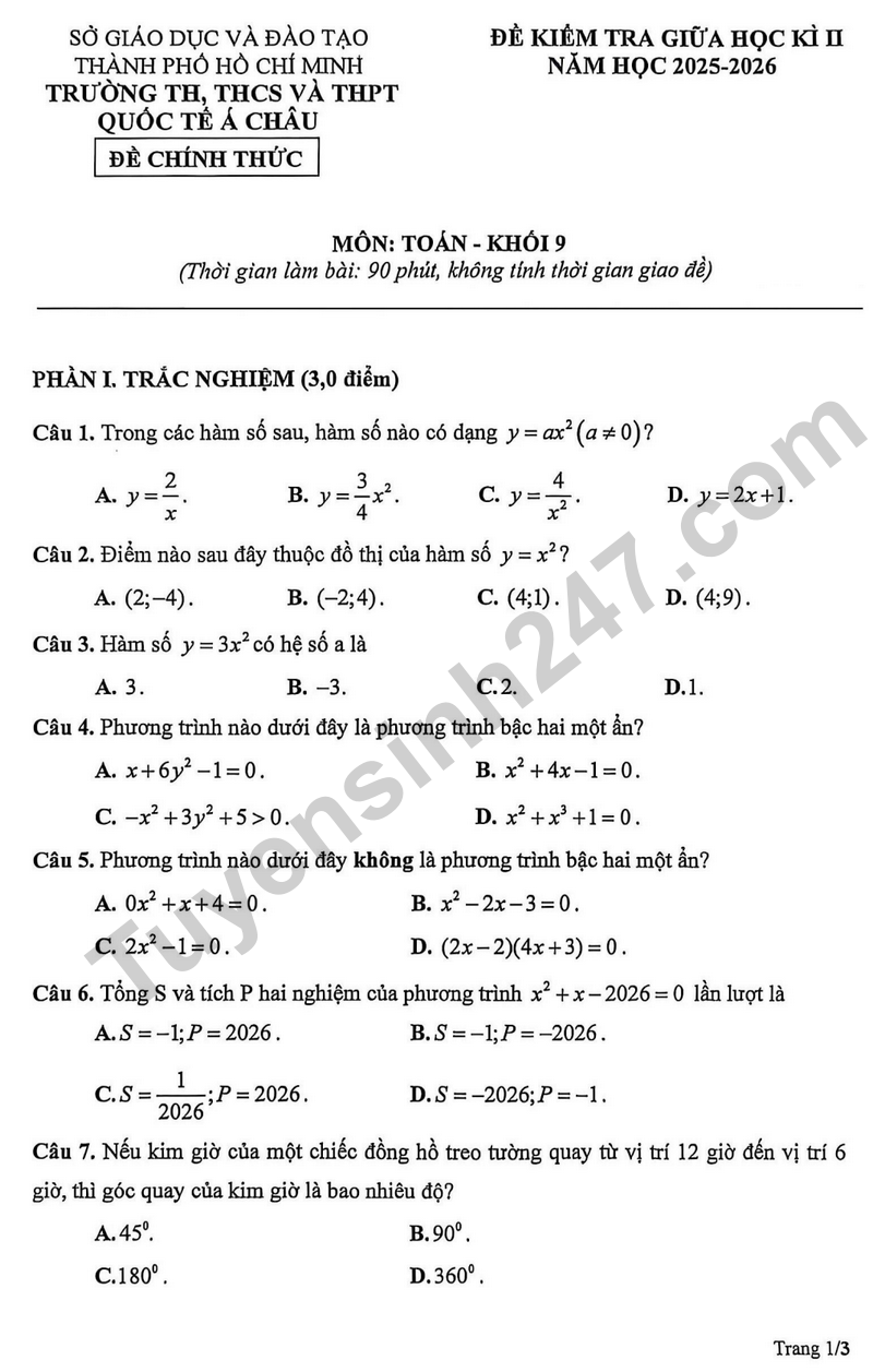 De giua hoc ki 2 Toan 9 truong Quoc te A Chau – TP HCM nam 2026
