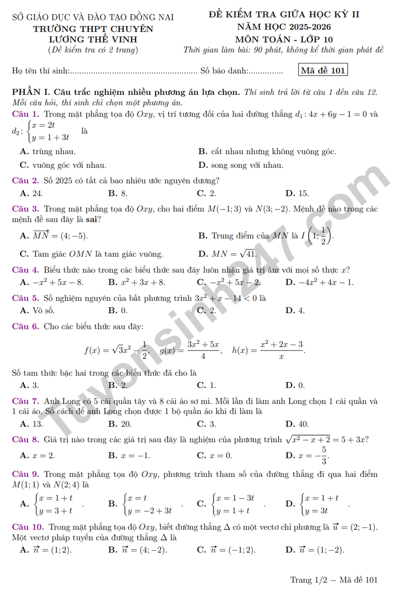 De giua ky 2 Toan 10 truong chuyen Luong The Vinh 2026 - Ma de 101 (Co dap an)