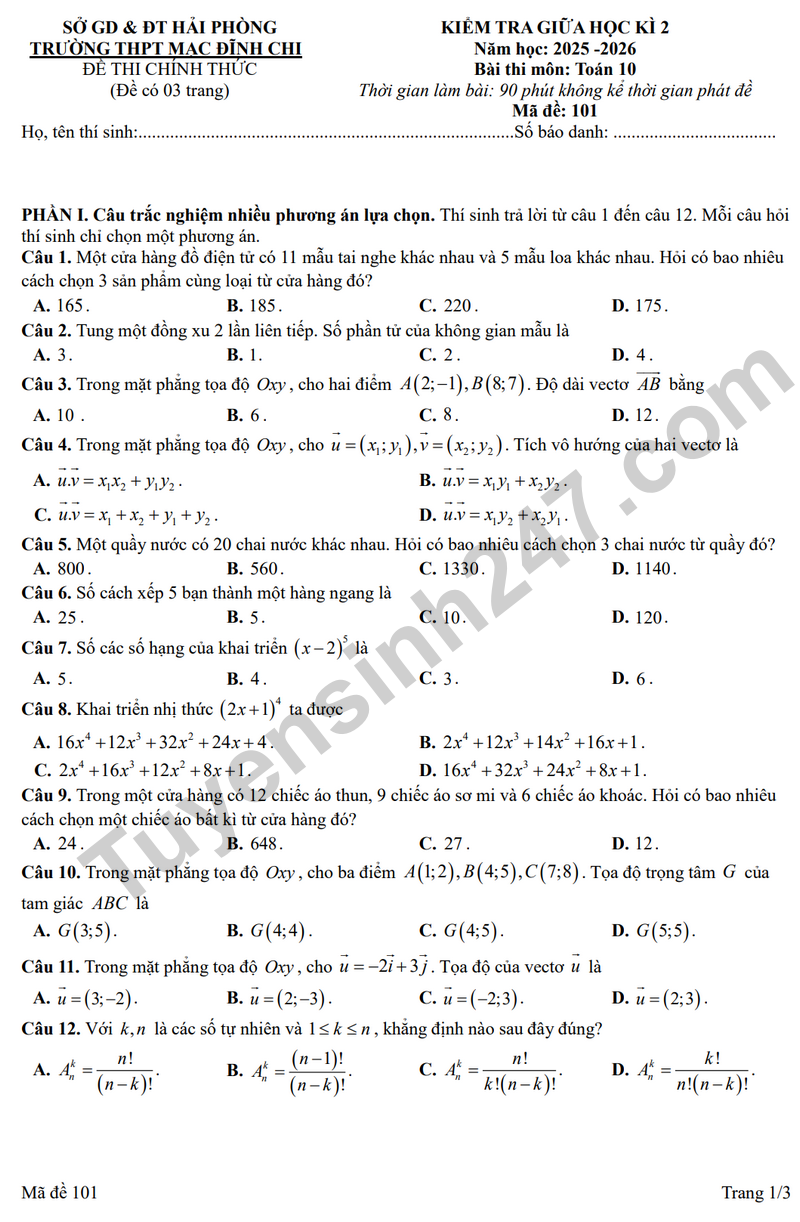 De giua hoc ki 2 Toan 10 truong THPT Mac Dinh Chi – Hai Phong 2026 - Ma de 101 (Co dap an)