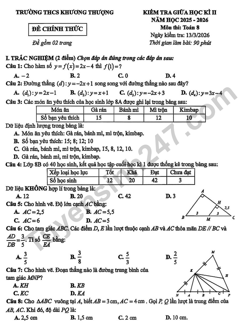 De giua hoc ki 2 Toan 8 truong THCS Khuong Thuong – Ha Noi nam 2026