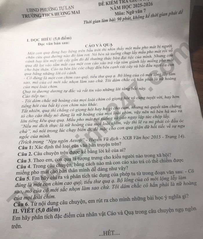 De thi giua ki 2 mon Van 7 THCS Huong Mai 2026