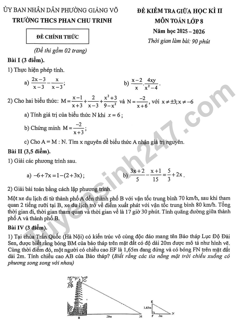 De giua hoc ki 2 Toan 8 truong THCS Phan Chu Trinh nam 2026