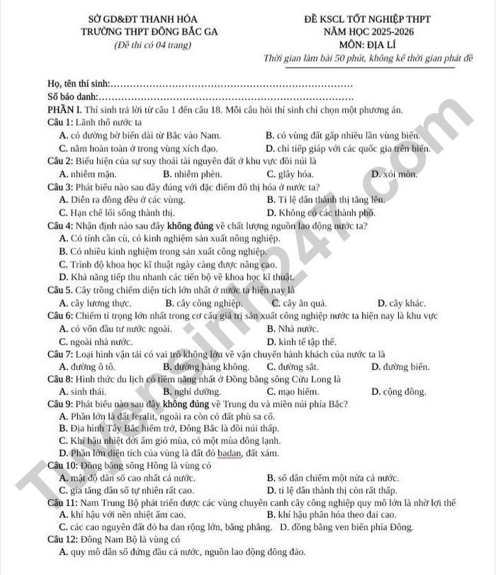 De thi thu TN THPT 2026 mon Dia - THPT Dong Bac Ga