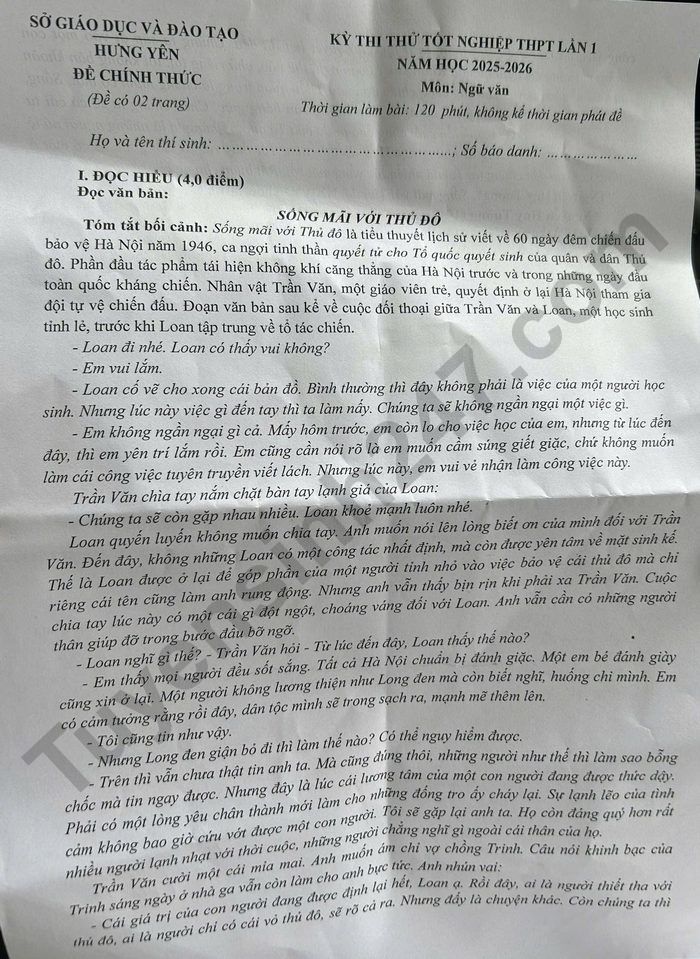 De thi thu tot nghiep THPT 2026 mon Van - So GDDT Hung Yen (lan 1)