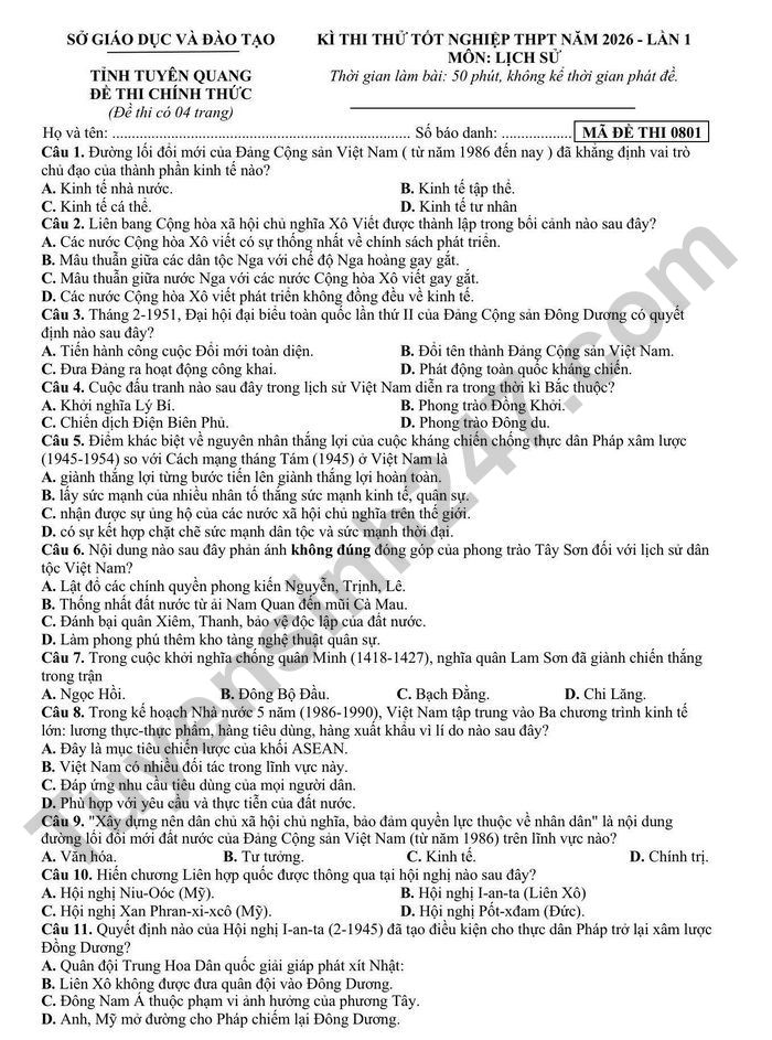 De thi thu tot nghiep THPT 2026 mon Su - So GDDT Tuyen Quang (lan 1)