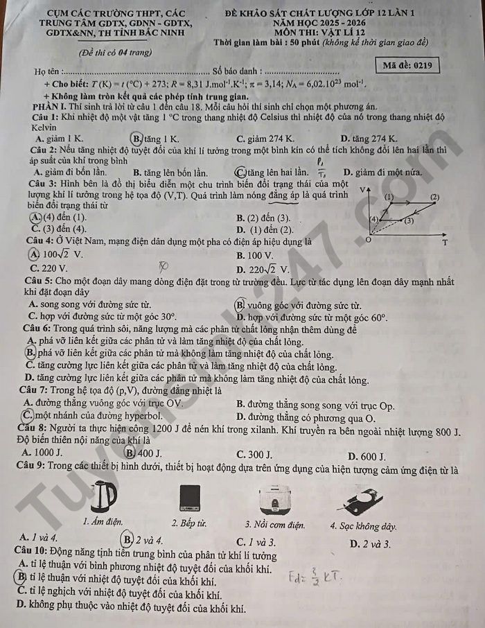 De thi thu TN THPT 2026 lan 1 mon Ly - Cum truong THPT, GDTX, GDNN Bac Ninh