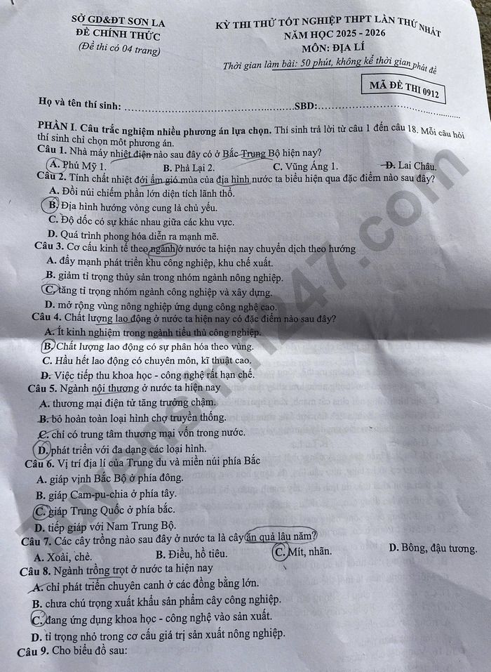 De thi thu tot nghiep THPT 2026 lan 1 mon Dia - So GD Son La