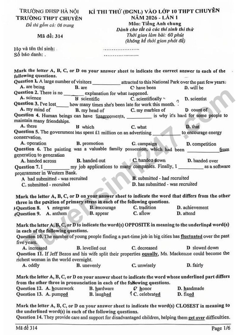 De thi thu lop 10 mon tieng Anh Truong THPT Chuyen DH Su pham Ha Noi nam 2026