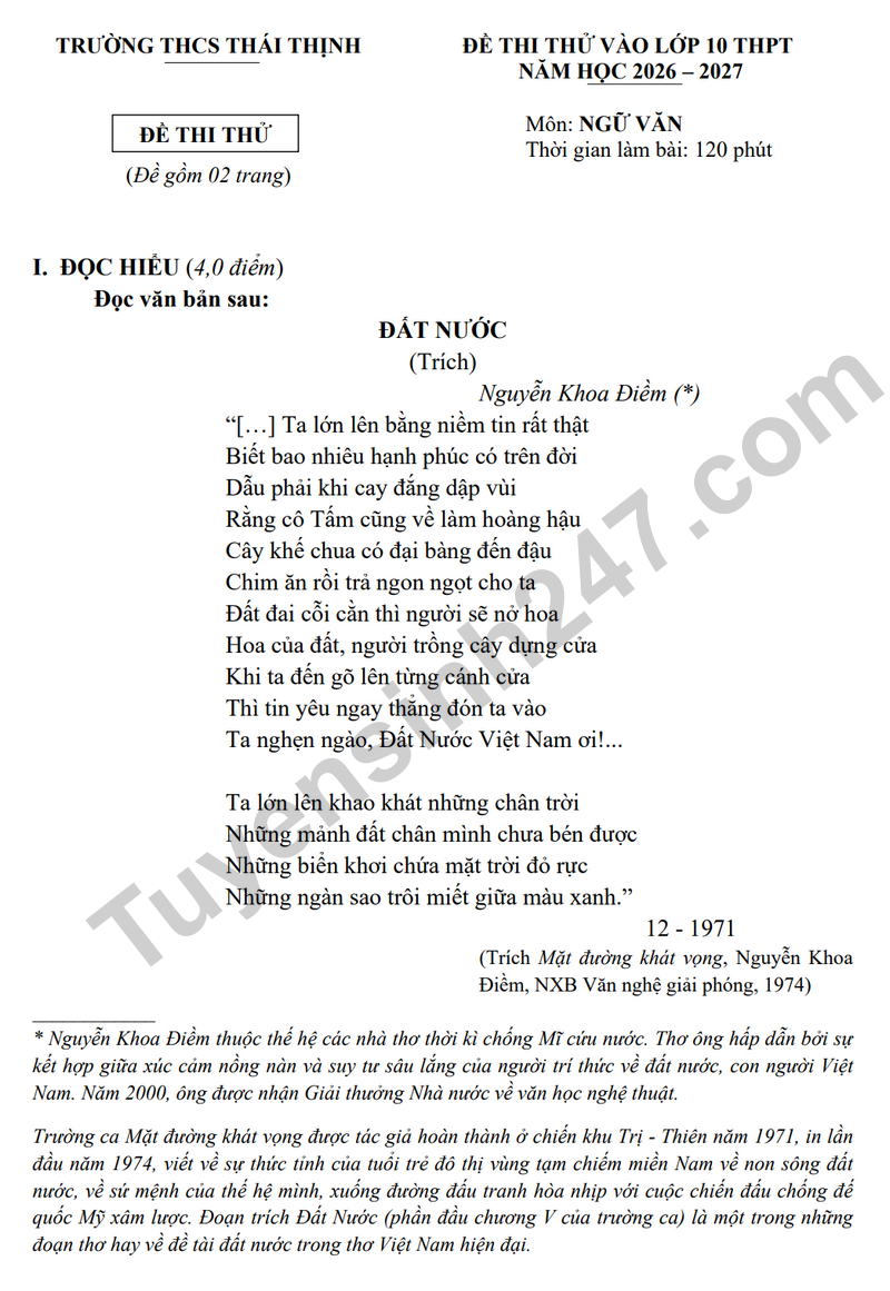 De thi thu mon Van vao lop 10 THPT truong THCS Thai Thinh (Co dap an)