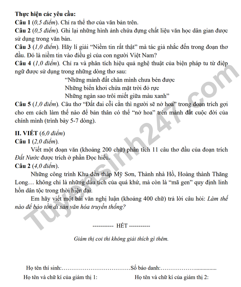 De thi thu mon Van vao lop 10 THPT truong THCS Thai Thinh (Co dap an)