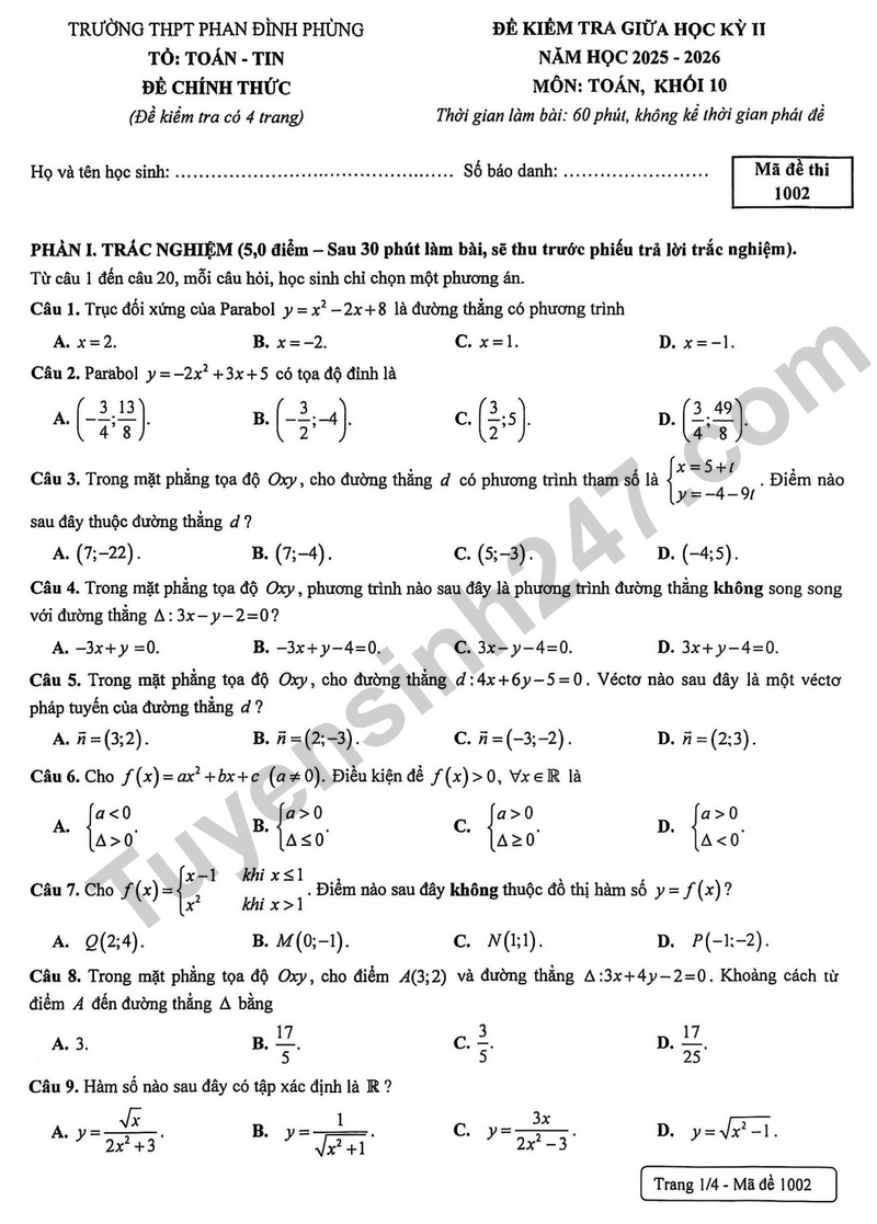 De giua hoc ky 2 Toan 10 THPT Phan Dinh Phung nam 2026