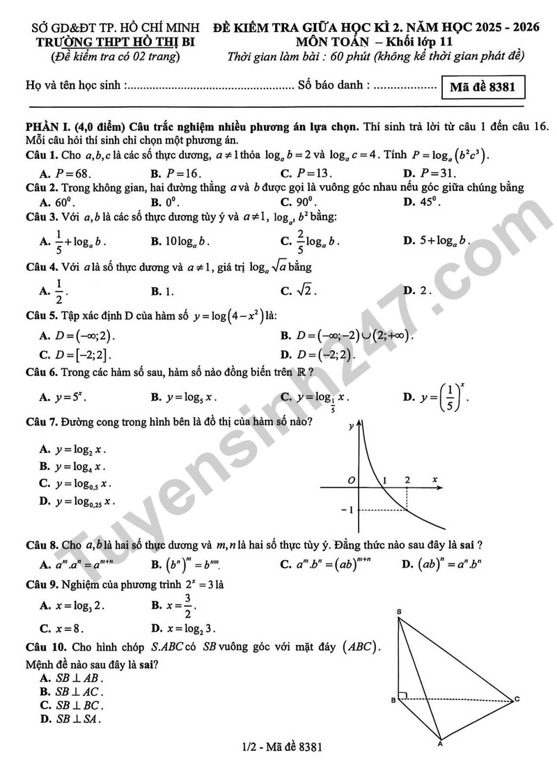 De giua hoc ki 2 Toan 11 truong THPT Ho Thi Bi nam 2026