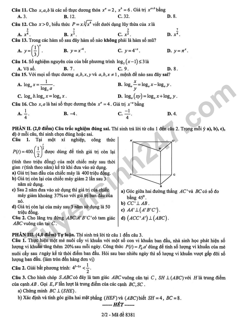 De giua hoc ki 2 Toan 11 truong THPT Ho Thi Bi nam 2026