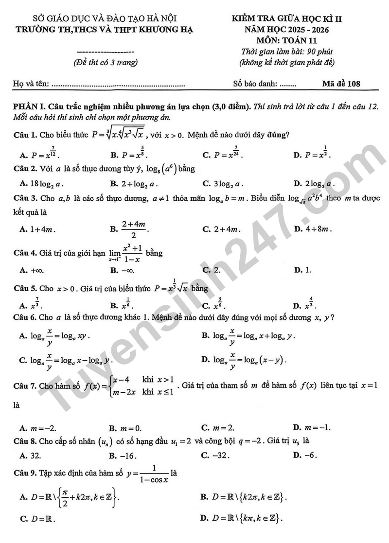 De giua hoc ki 2 Toan 11 truong Khuong Ha – Ha Noi nam 2026