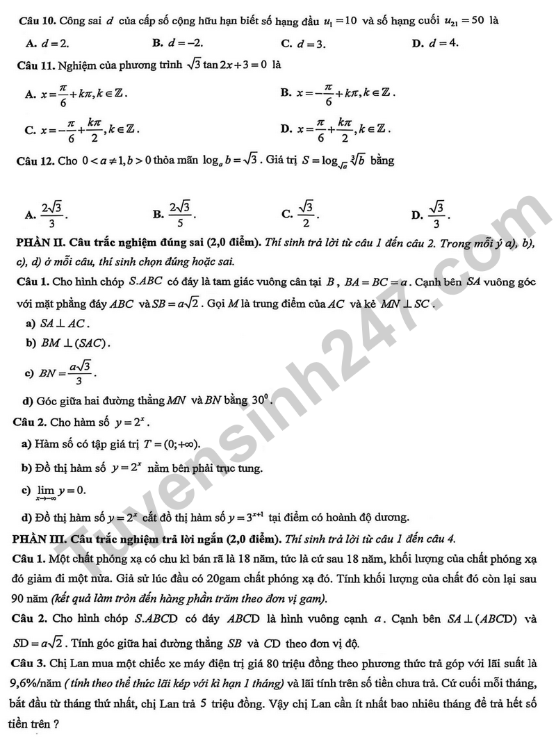 De giua hoc ki 2 Toan 11 truong Khuong Ha – Ha Noi nam 2026