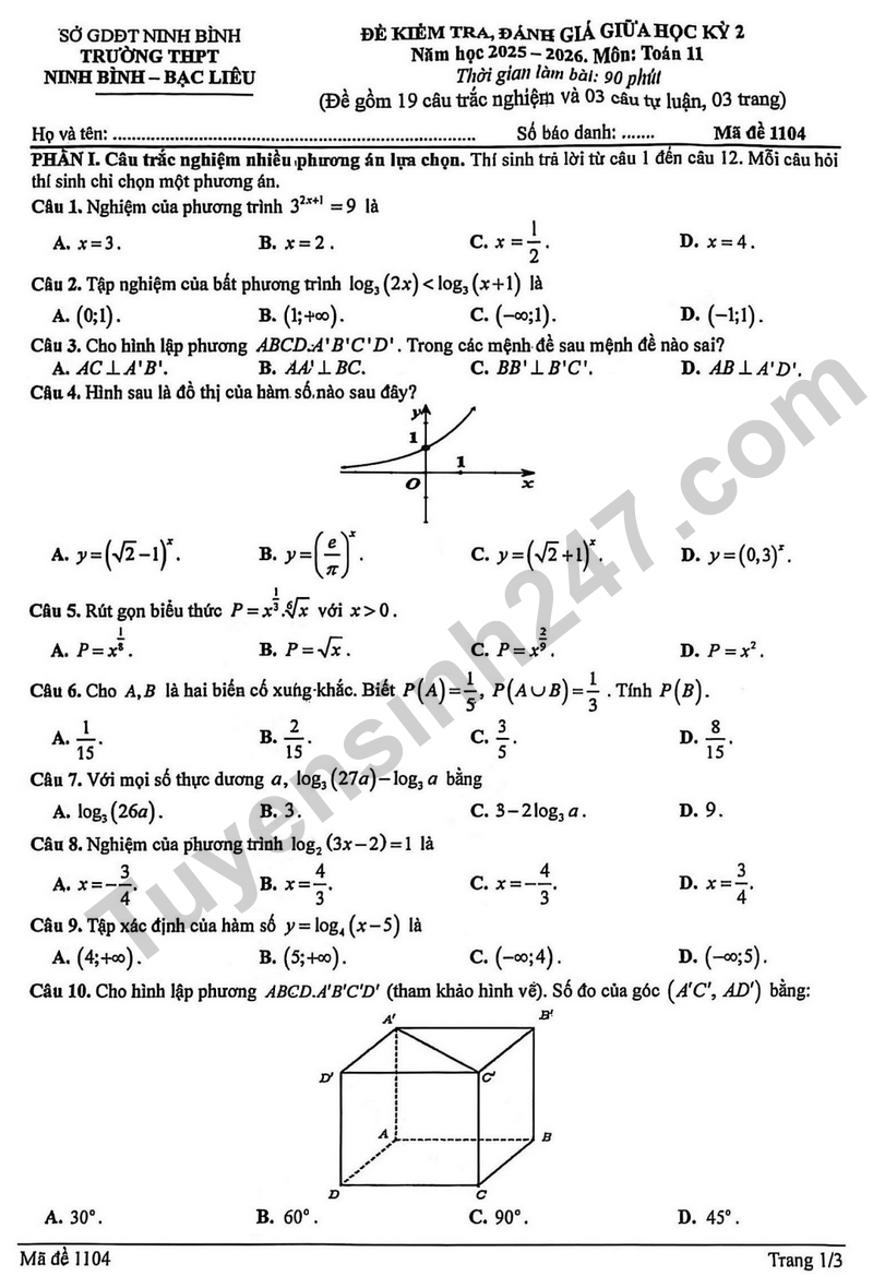 De giua ki 2 Toan 11 truong THPT Ninh Binh nam 2026