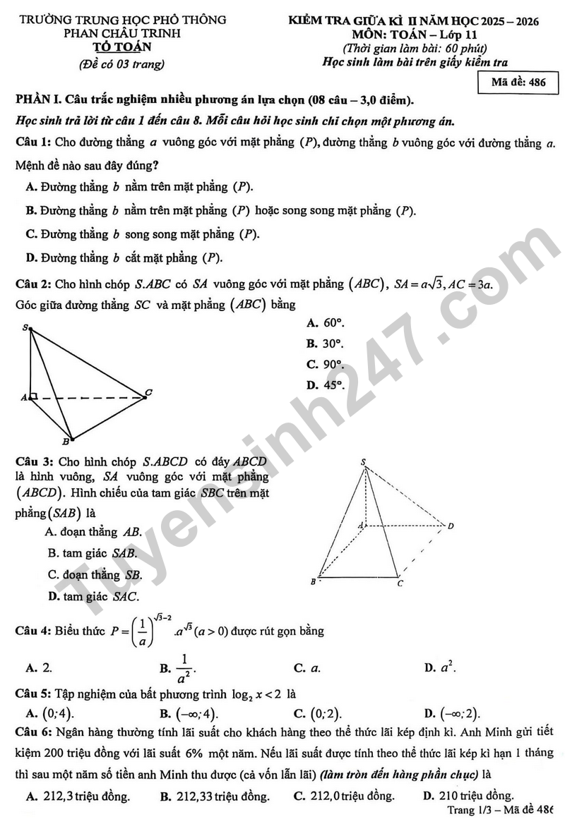 De giua ki 2 Toan 11 truong THPT Phan Chau Trinh nam 2026