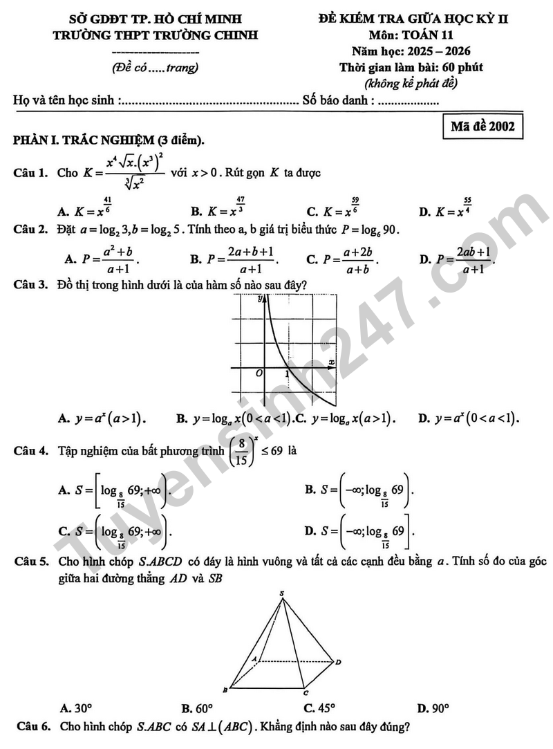 De giua hoc ky 2 Toan 11 truong THPT Truong Chinh nam 2026