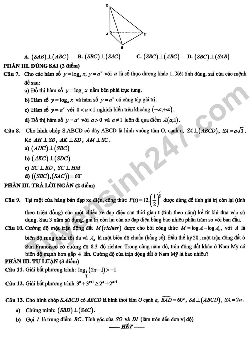 De giua hoc ky 2 Toan 11 truong THPT Truong Chinh nam 2026