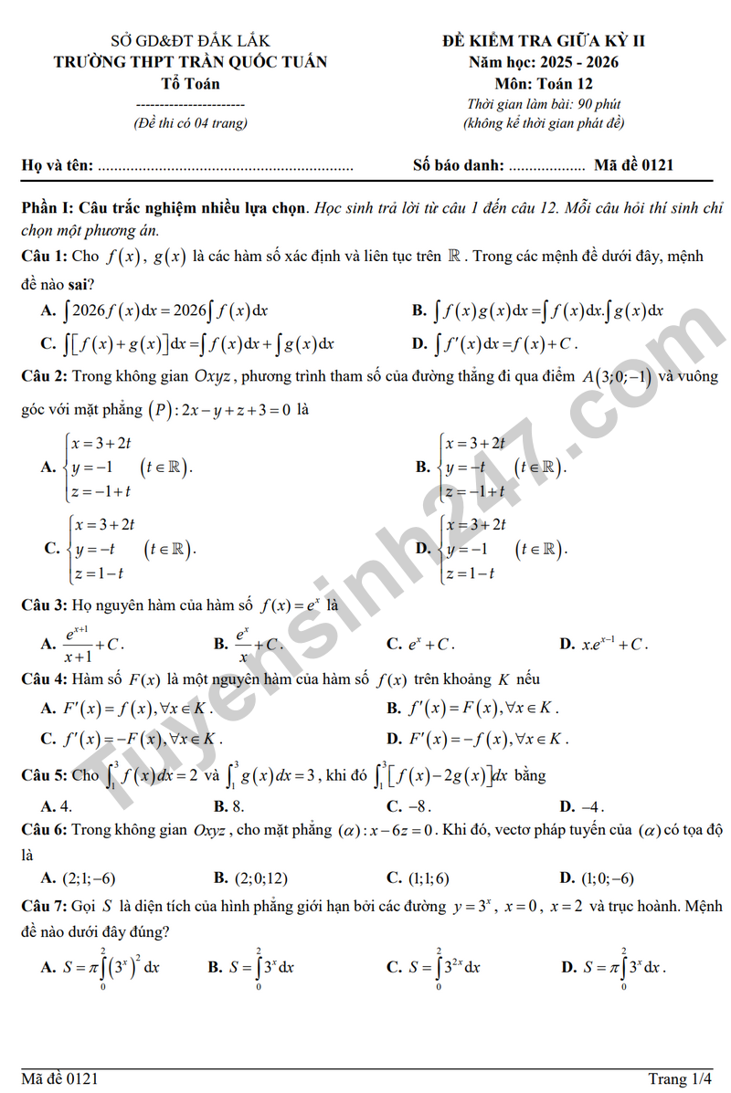 De giua ky 2 Toan 12 truong THPT Tran Quoc Tuan nam 2026 (Co dap an)