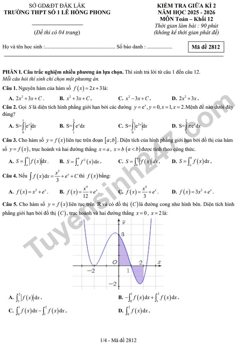 De giua ki 2 Toan 12 truong THPT Le Hong Phong 1 nam 2026 (Co dap an)
