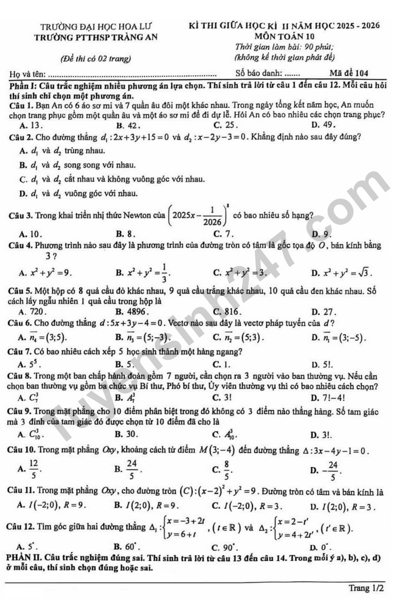 De giua hoc ki 2 Toan 10 truong PTTHSP Trang An nam 2026