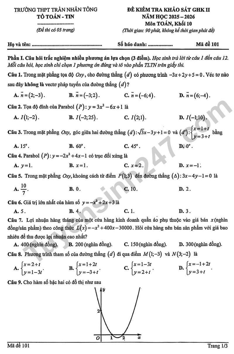 De giua ki 2 Toan 10 truong THPT Tran Nhan Tong – Ha Noi nam 2026