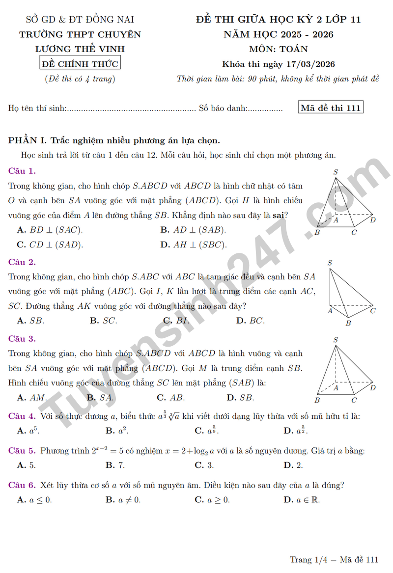 De giua ky 2 Toan 11 truong chuyen Luong The Vinh nam 2026 (Co dap an)