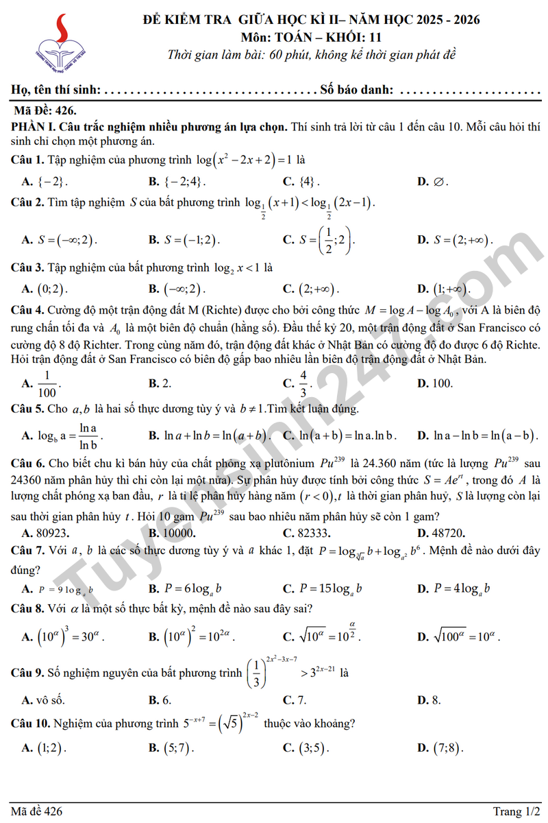 De giua hoc ki 2 Toan 11 truong THPT Vo Thi Sau nam 2026