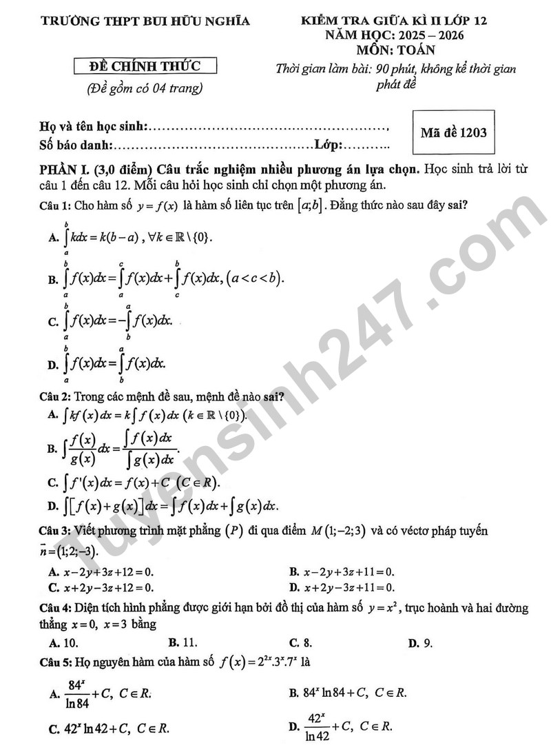 De giua ki 2 Toan 12 truong THPT Bui Huu Nghia nam 2026