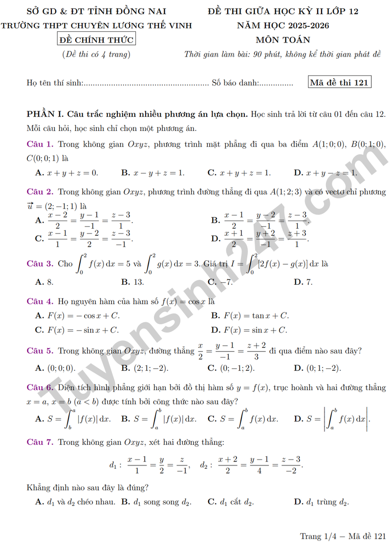 De giua ky 2 Toan 12 truong chuyen Luong The Vinh nam 2026 (Co dap an)