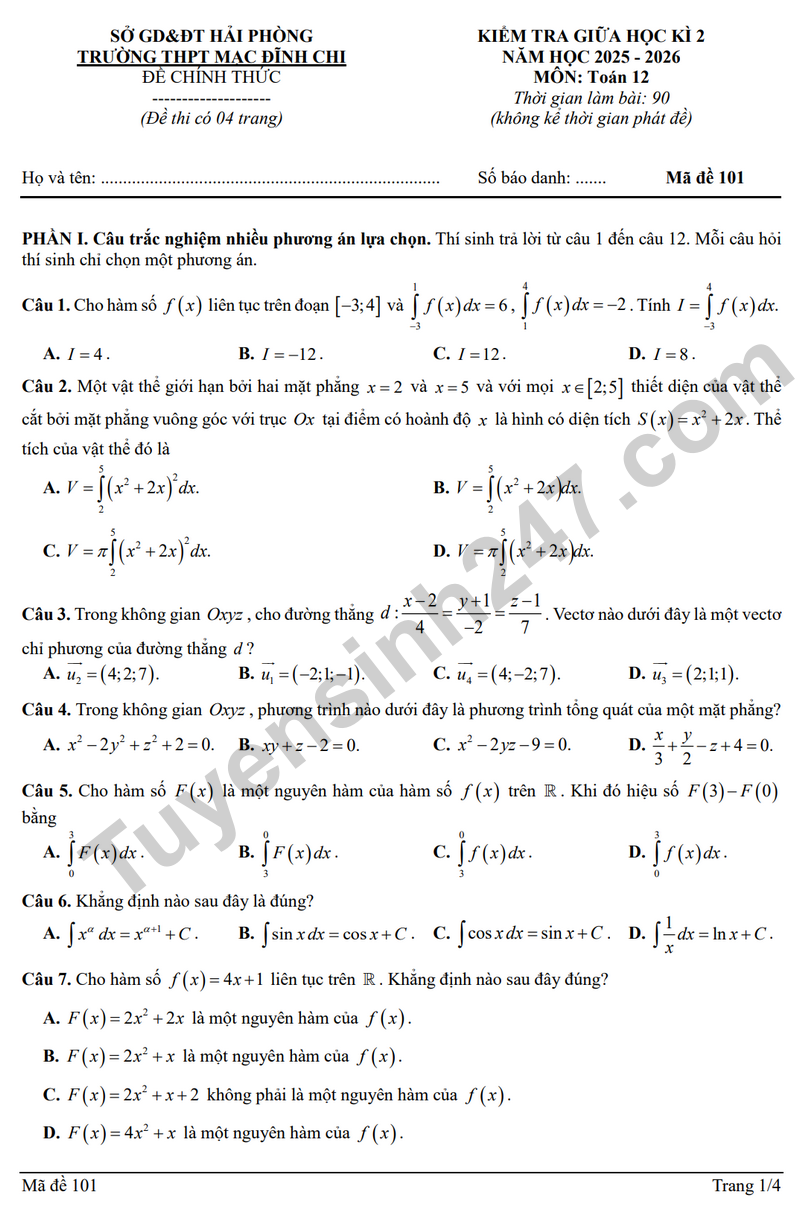De giua hoc ki 2 Toan 12 truong THPT Mac Dinh Chi nam 2026 (Co dap an)