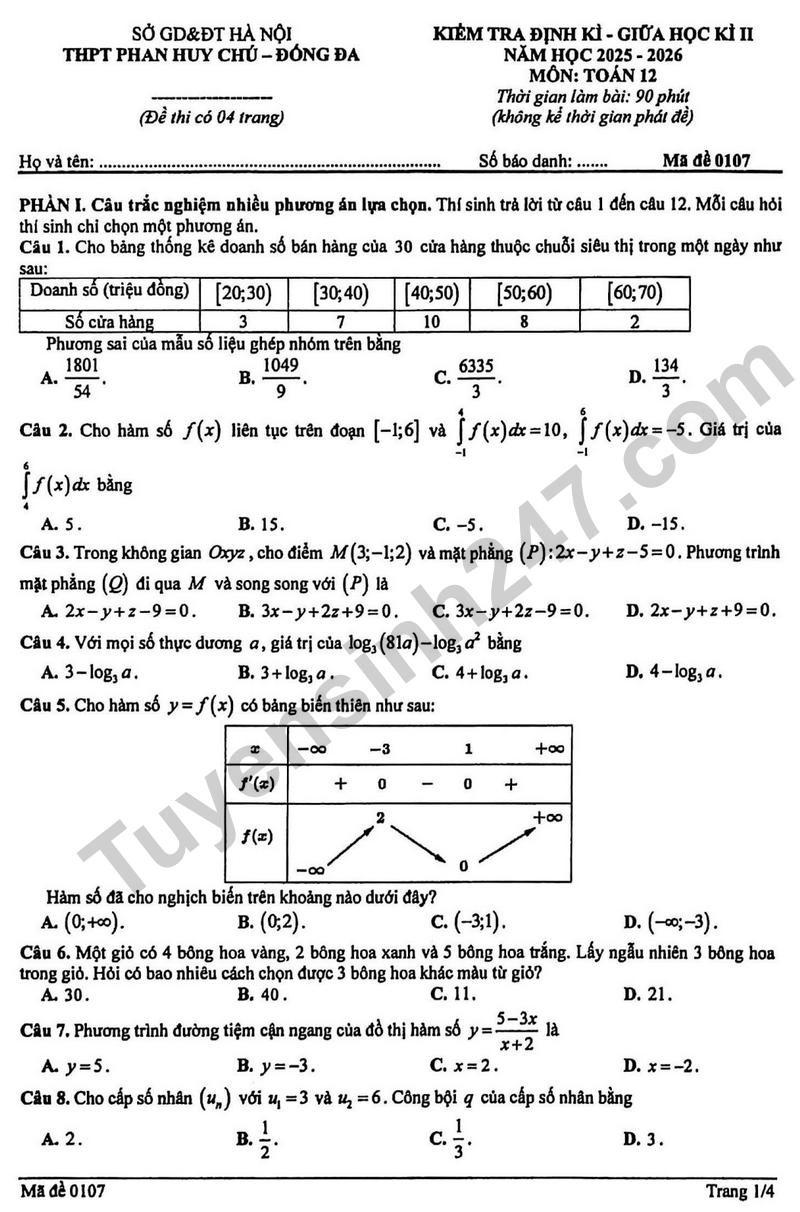 De giua hoc ki 2 Toan 12 truong THPT Phan Huy Chu nam 2026