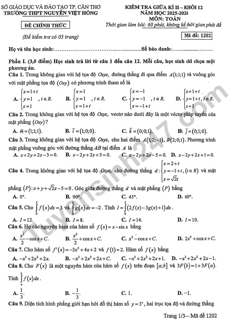 De giua ki 2 Toan 12 truong THPT Nguyen Viet Hong nam 2026