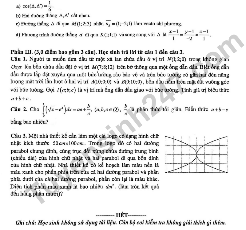 De giua ki 2 Toan 12 truong THPT Nguyen Viet Hong nam 2026