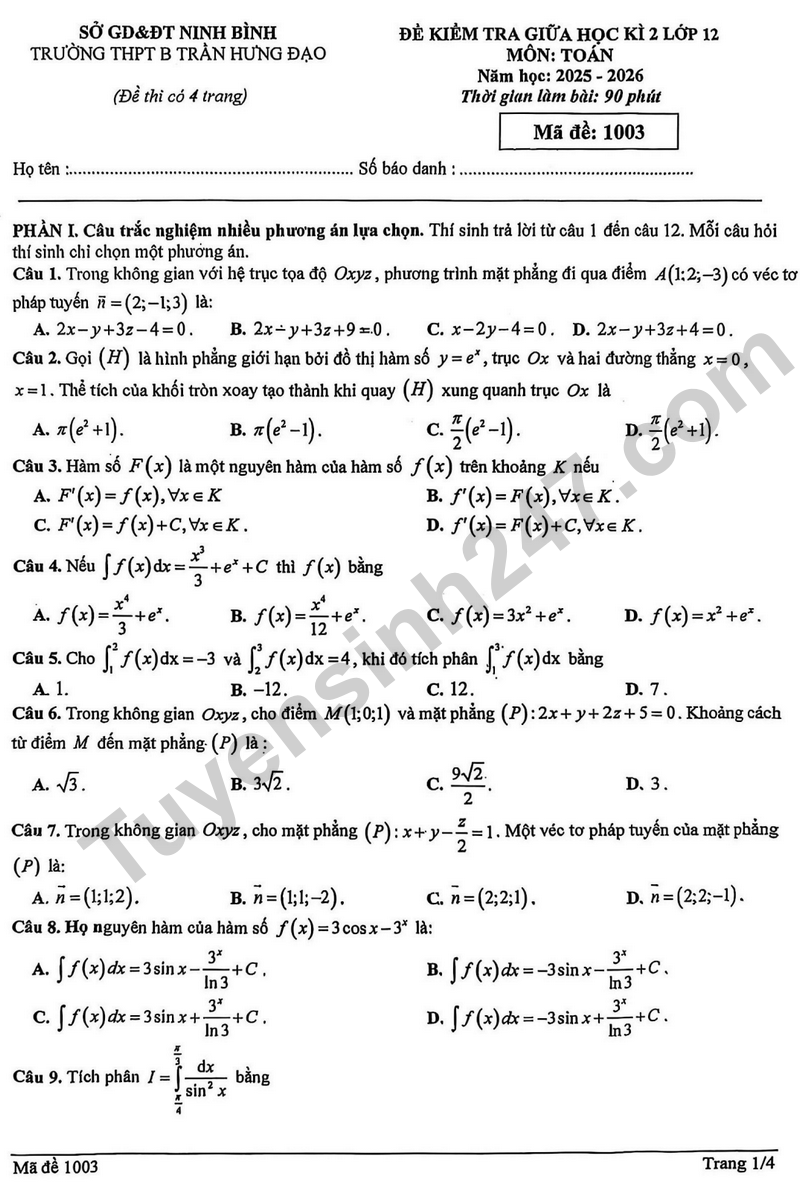 De giua ki 2 Toan 12 truong THPT B Tran Hung Dao nam 2026