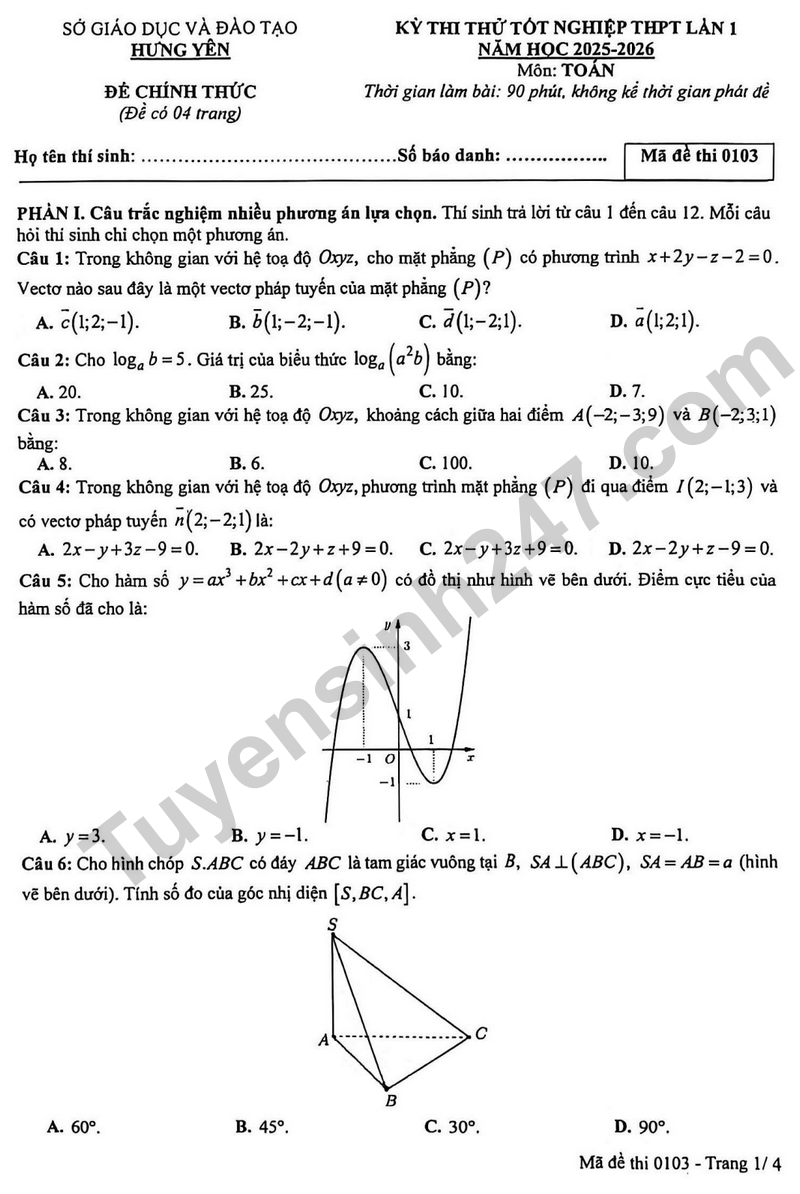 De thi thu tot nghiep THPT 2026 mon Toan lan 1 so GD&DT Hung Yen (Co dap an)