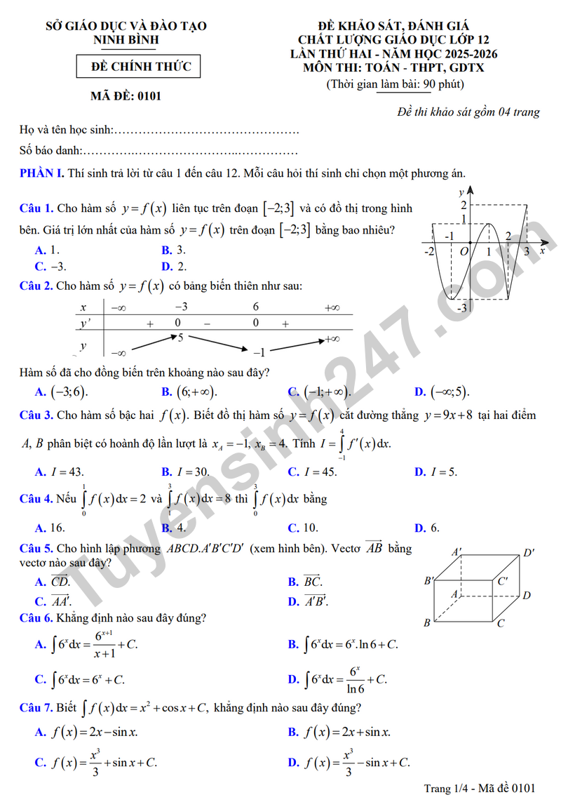 De khao sat Toan 12 lan 2 so GD&DT Ninh Binh nam 2025 – 2026 (Co dap an)