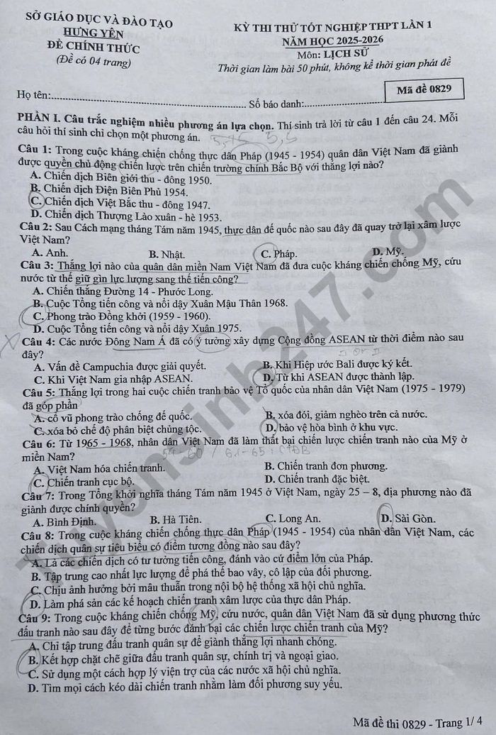 De thi thu tot nghiep THPT 2026 So GD Hung Yen lan 1 - mon Su