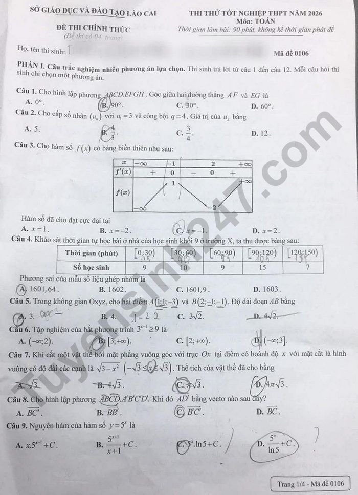 De thi thu tot nghiep THPT 2026 mon Toan - So GDDT Lao Cai