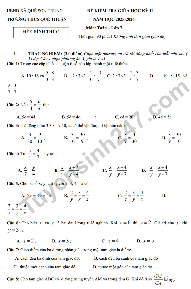 De giua ky 2 Toan 7 truong THCS Que Thuan – Da Nang nam 2026 (Co dap an)