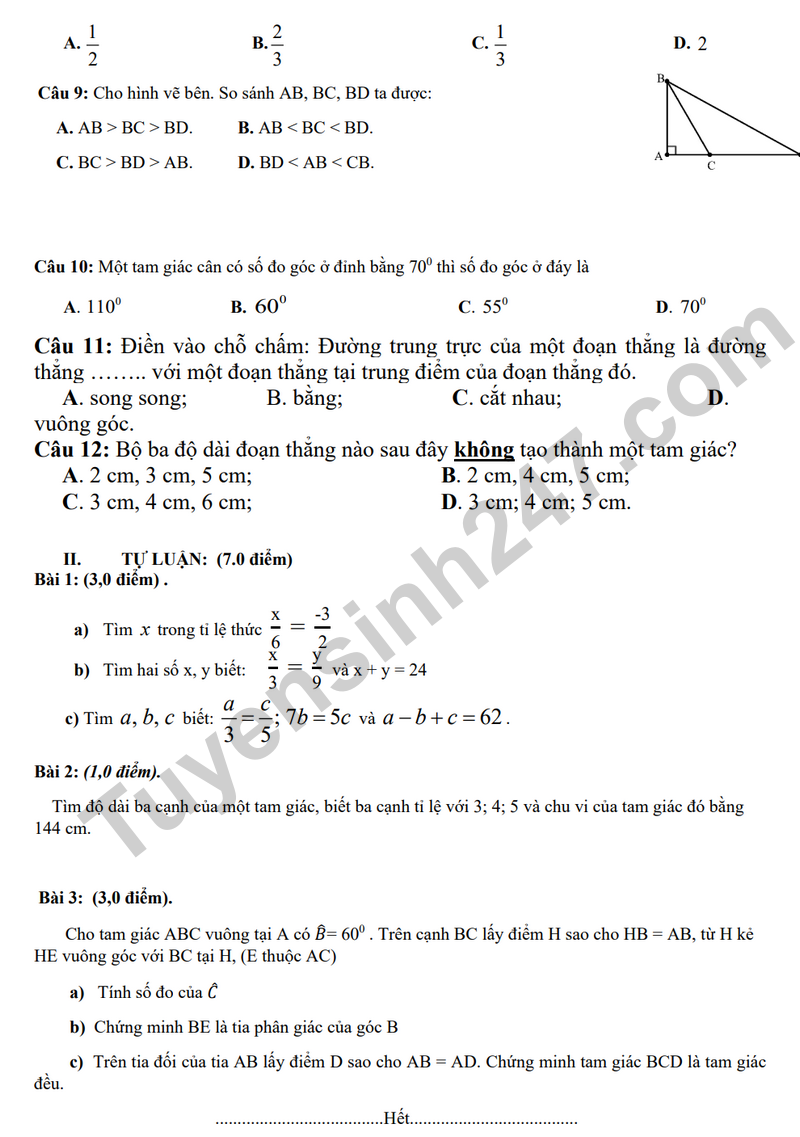 De giua ky 2 Toan 7 truong THCS Que Thuan – Da Nang nam 2026 (Co dap an)