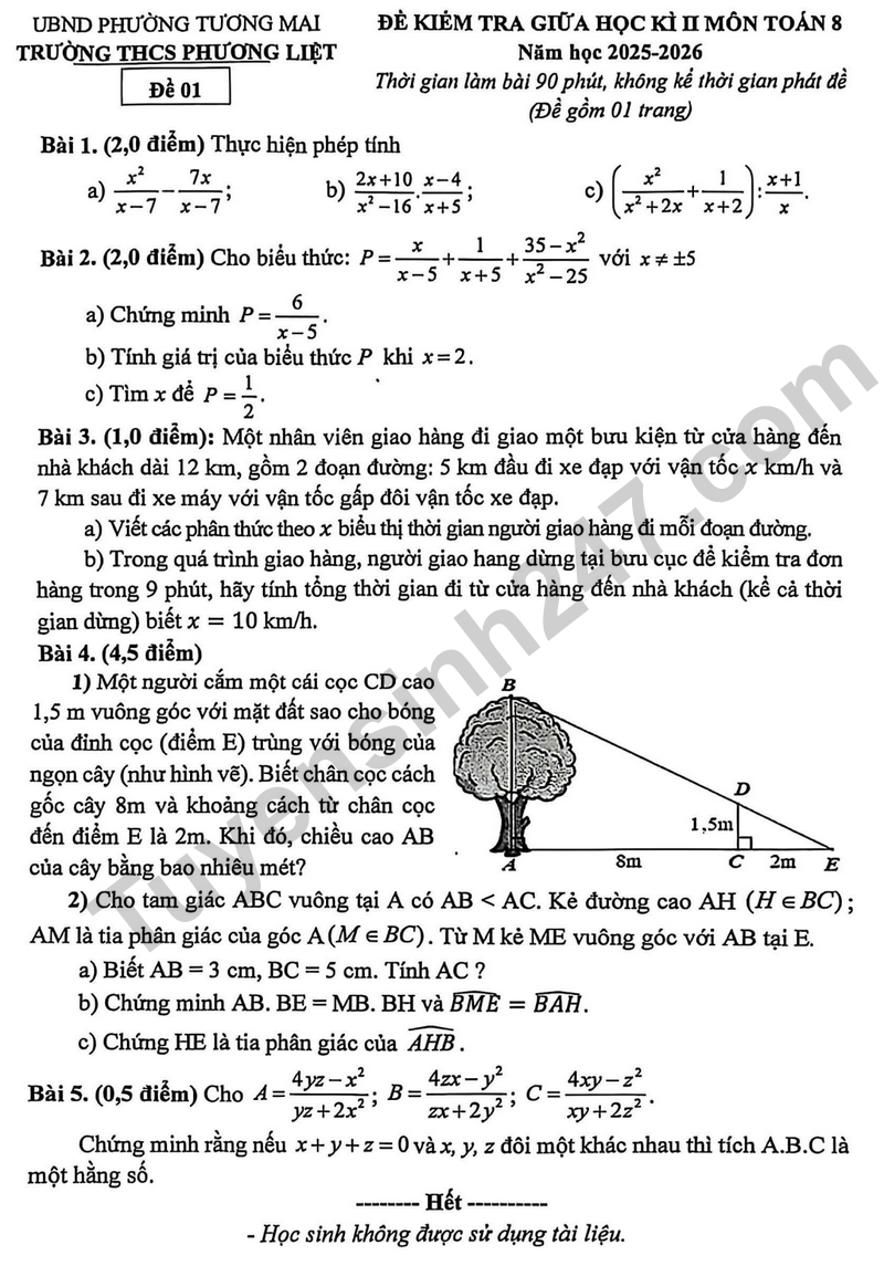 De giua hoc ki 2 Toan 8 truong THCS Phuong Liet nam 2026