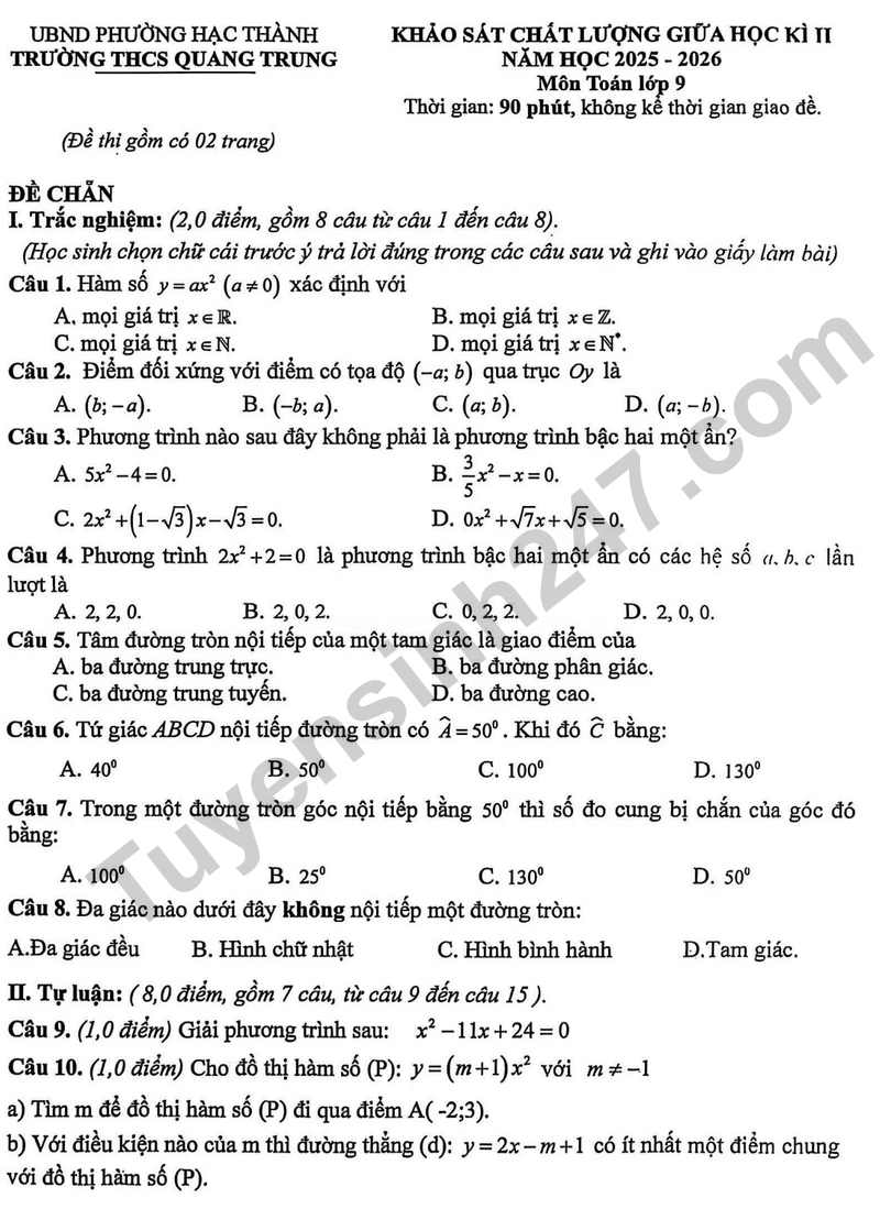 De giua hoc ki 2 Toan 9 truong THCS Quang Trung nam 2026