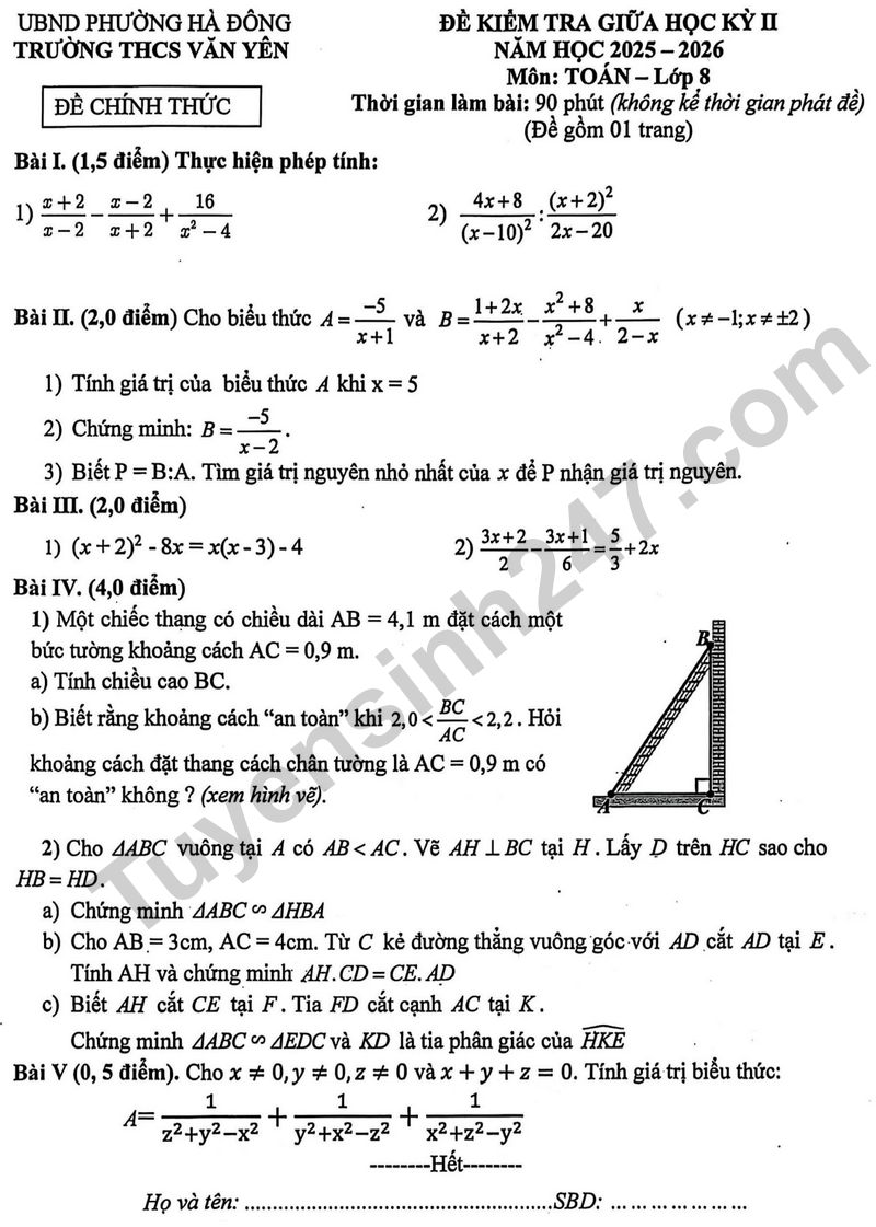 De giua hoc ky 2 Toan 8 truong THCS Van Yen nam 2026